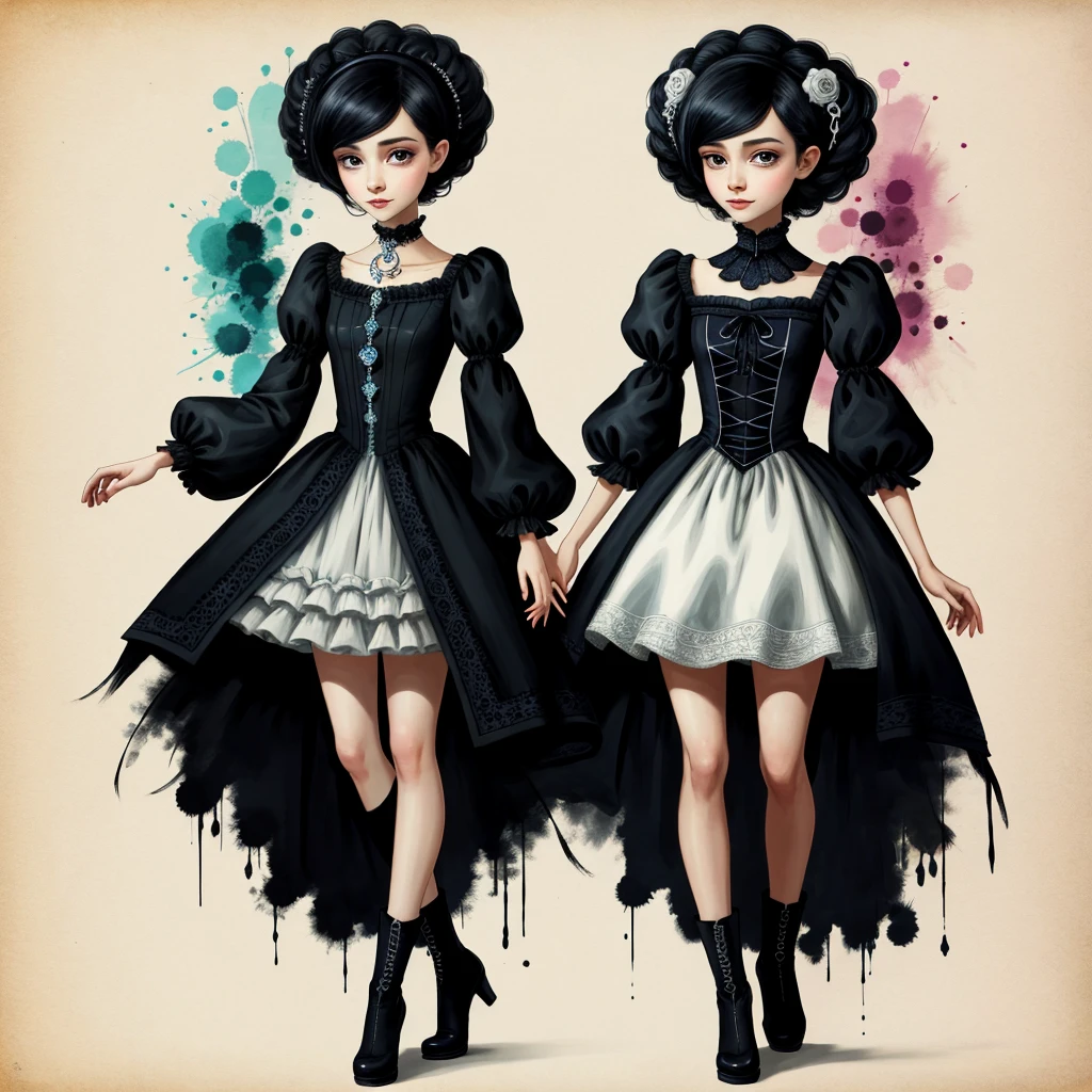 A captivating digital painting featuring anthropomorphic women with modest and cute demeanor, who are cheeky and shy at playing cards. These charming characters are decorated with bright, adorned with eye-catching boots and have large, expressive round eyes, that reveal their unique personality. The artwork is inspired by the style of Nicola Samori, with a pin-up art flair, which creates a fascinating mixture of anthropomorphism and fantasy. The ethereal background, which consists of a structured mixture of media, complements the thin neck and full body of the motif, which is skilfully integrated into the composition. The artwork features complex details and extremely contrasting colors with intricate patterns, that give depth to the scene. The backlight enhances the ethereal mood and the masterful use of fine ink drawing and dry watercolor effects ensures sharp outlines and subtle textures, which makes this a truly
