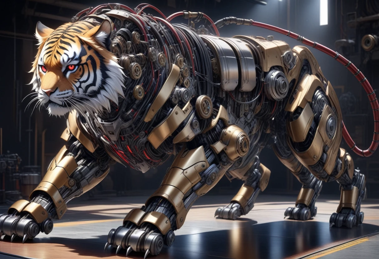 Ultra-realism, ((Masterpiece)), ((Best Quality)), (Very Detailed), ((Very Detailed)), 4K, (8K), very aesthetic, absurdres highres, Ultra-high detailed mechanical tiger robot with realistic metallic textures, chrome, stainless steel, and brass surfaces, exposed precise gears and pistons, intricate and detailed wiring and tubing, robust mechanical armor plates, glowing red eyes, realistic shadows and reflections, detailed surface scratches and wear, body kept low, front legs extended, hind legs on the ground, eyes sharply open, simple studio background.