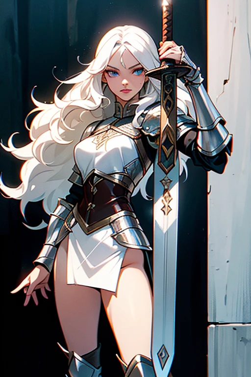 A half-elf woman, with long, wavy white hair, eye white, skin fair, She is 25 years old. She wears leather armor, she uses a short sword,