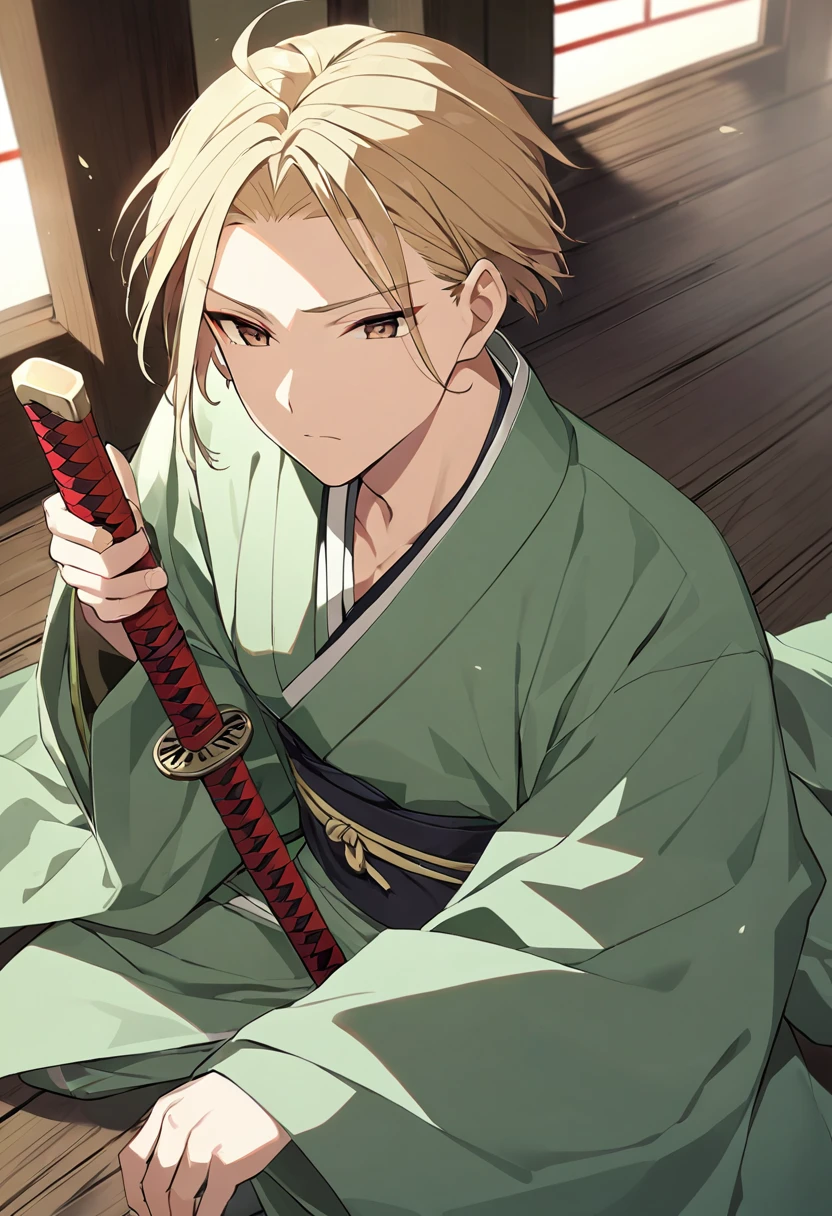 boy, blond, short hair, long bangs, closed forehead, brown eyes, green kimono, haramaki, katana