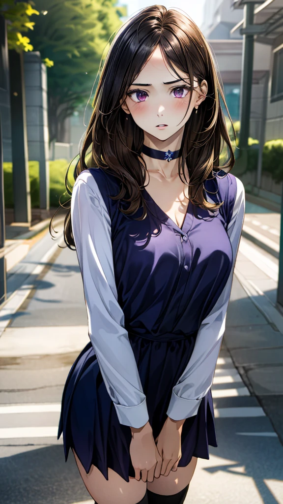 (masterpiece:1.3, top-quality, ultra high res, ultra detailed), (realistic, photorealistic:1.4), beautiful illustration, perfect lighting, natural lighting, colorful, depth of fields, 
beautiful detailed hair, beautiful detailed face, beautiful detailed eyes, beautiful clavicle, beautiful body, beautiful chest, beautiful thigh, beautiful legs, beautiful fingers, 
looking at viewer, upper body, front view:0.6. 1 girl, japanese, high school girl, perfect face, (perfect anatomy, anatomically correct), cute and symmetrical face, babyface, , shiny skin, 
(long hair:1.7, straight hair:1.6, black hair), ((parted bangs, forehead)), dark brown eyes, slant eyes, long eye lasher, (medium breasts), slender, 
((long sleeve v-neck dark purple dress, black choker)), navy school socks, , 
(beautiful scenery), evening, (school gate), standing, call on phone, (frown, parted lips), 