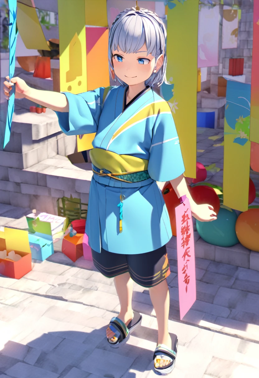 Tanabata Hikoboshi、Blue kimono full body、Please draw a cool guy Make it 3D