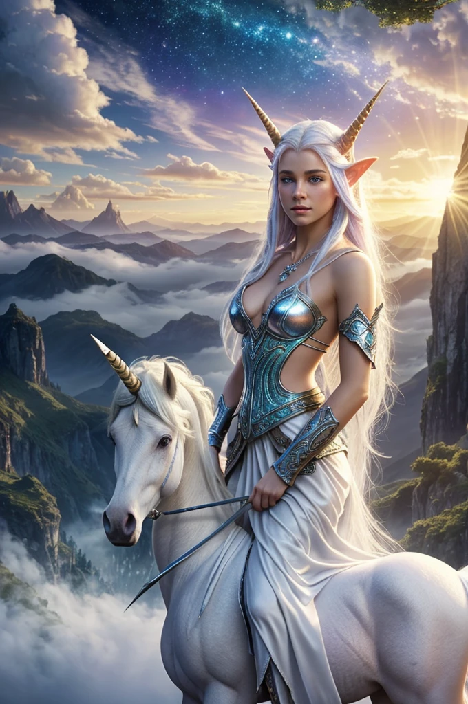 Epic cinematic brilliant stunning intricately detailed dramatic atmospheric maximalist digital matte painting Stunning professional masterpiece of a beautiful young elf with pointed ears named Arwen with long straight white hair, piercing crystal blue eyes, the elf stands next to her bright white unicorn white steed with a horn on its forehead), its fur shines like small specks of glitter due to the sunlight that falls on the figure of the elf and the unicorn. Lamluz is soft and warm. As a backdrop there is a mystical landscape that surrounds the image creating a magical atmosphere. ethereal fantasy hyperdetailed mist Thomas Kinkade 8k resolution holographic astral cosmic illustration mixed media by Pablo Amaringo heavenly sunshine beams divine bright soft focus holy in the clouds