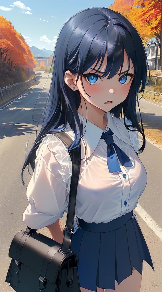 top-quality、Top image quality、​masterpiece、girl with((cute little、sixteen years old、Best Bust、Medium bust、Bust 85,Beautiful blue eyes、Breasts wide open,Long Black Hair、A slender、Blue hair mesh、Y-shirt with white collar open to second button、Blue short skirt,satchel,angry looking face、run、Reflecting the whole body、Black underwear、View your watch、Point to your watch)）hiquality、Beautiful Art、Background with((blue-sky、Road of autumn leaves)),masutepiece、Elaborate design、visualart、depth of fields、The best lighting、highestdetailed、8ｋ