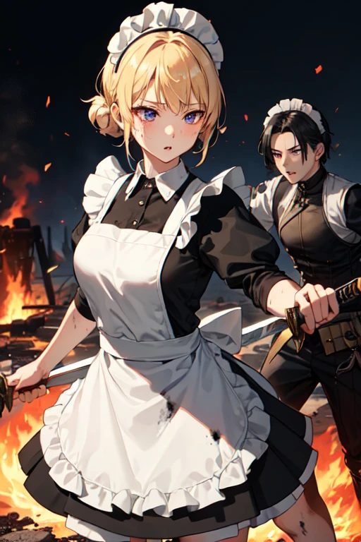 (((Highest quality))), ((masterpiece)), (((detailed))), (((Attention to detail))), One girl, cute, ((Black maid outfit, White apron, Headband, The skirt is long)), (((A girl in a maid outfit is fighting with a big sword to protect her master))), ((燃えたbattlefield)), wilderness, Large great sword, ((Western design sword)), Small breasts, wasteland, battlefield, Burnt ruins, Sea of Fire, Slashing, Slash((duel)), cute, Blonde, Blue Eyes, ((Wielding a sword)), (((煤やAshや炭で服やエプロンがdirty, Black and dirty 1.6))), (((Ashや煤でエプロンがdirty, Black stains, Soot stained 1.6))), Ashや煙や煤で汚れている, dirty, Burnt, Ash, dirtyメイド服, エプロンもdirty,burning, Scorched Apron,