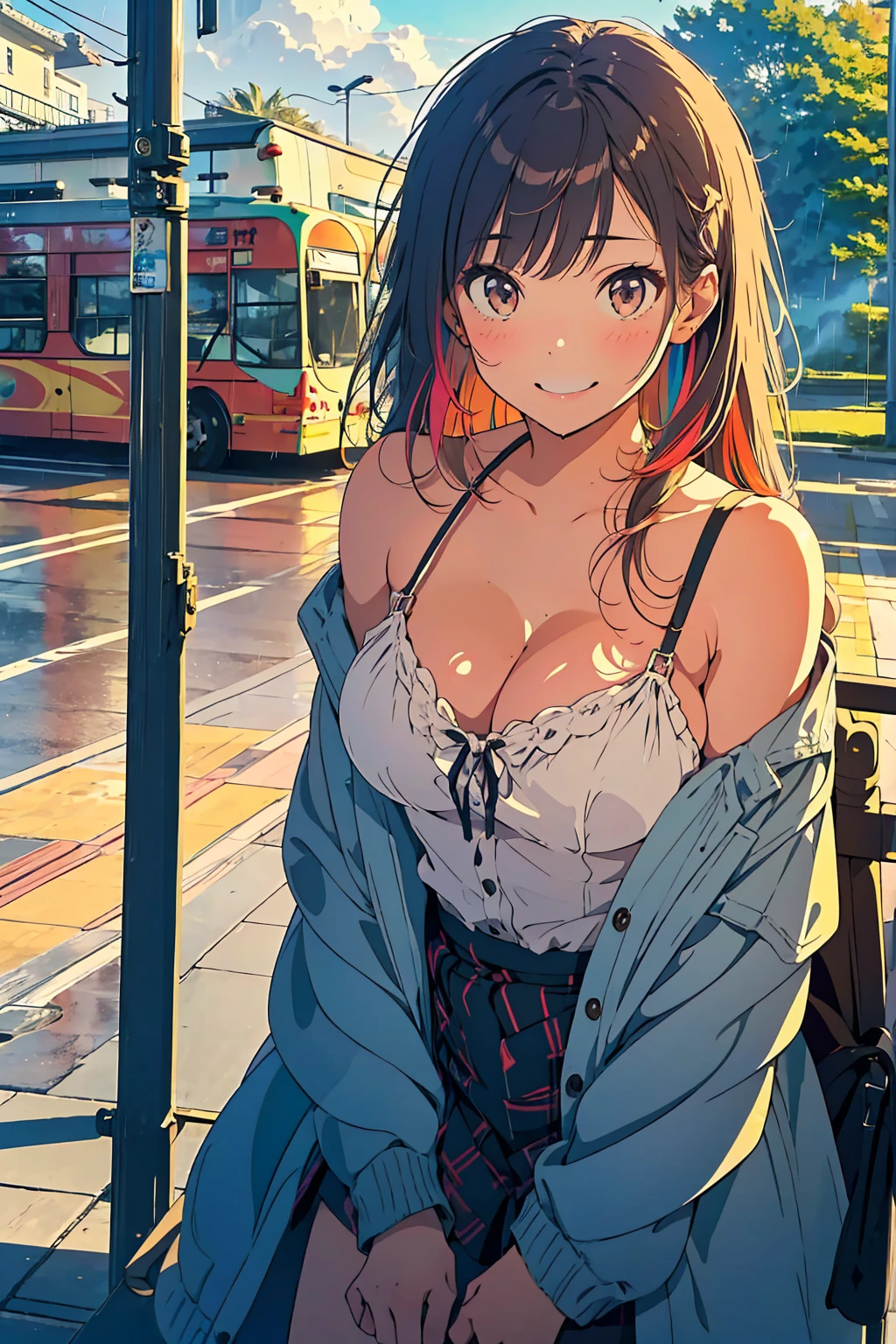 a girl in summer clothes, 25age, casual dress, making as if she wants to kiss you, (cute girl bending down looking at camera), large breasts, cleavage, random hair color, random background, Vivid Photos, flirtatious look, ((very detailed)), (perfectly detailed face), cute face, (well detailed hand), photorealistic image, bus stop, bench,countryside, ((rain, bus stopでrain宿り)), (rainbow, Rainbow Comes Out), レトロなbus stop, slouch, ((A refreshing smile)),