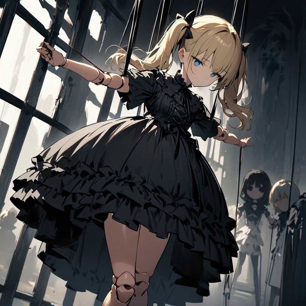 Highest quality,masterpiece,One girl,alone,Suspend,Beautiful Eyes, blue, Blonde, Twin tails,Beautiful Face,Cowboy Shot,Expressionless,Hanging by a thread,whole body,Are standing,suspension,Hollow,Doll joints,Short sleeve,skirt,Tilt your head,Outstretched arms,Gothic ****ta Fashion