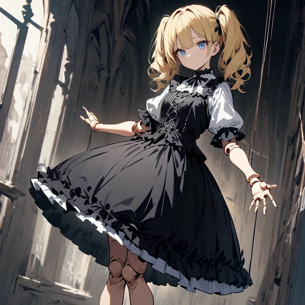 Highest quality,masterpiece,One girl,alone,Suspend,Beautiful Eyes, blue, Blonde, Twin tails,Beautiful Face,Cowboy Shot,Expressionless,Hanging by a thread,whole body,Are standing,suspension,Hollow,Doll joints,Short sleeve,skirt,Tilt your head,Outstretched arms,Gothic Lolita Fashion