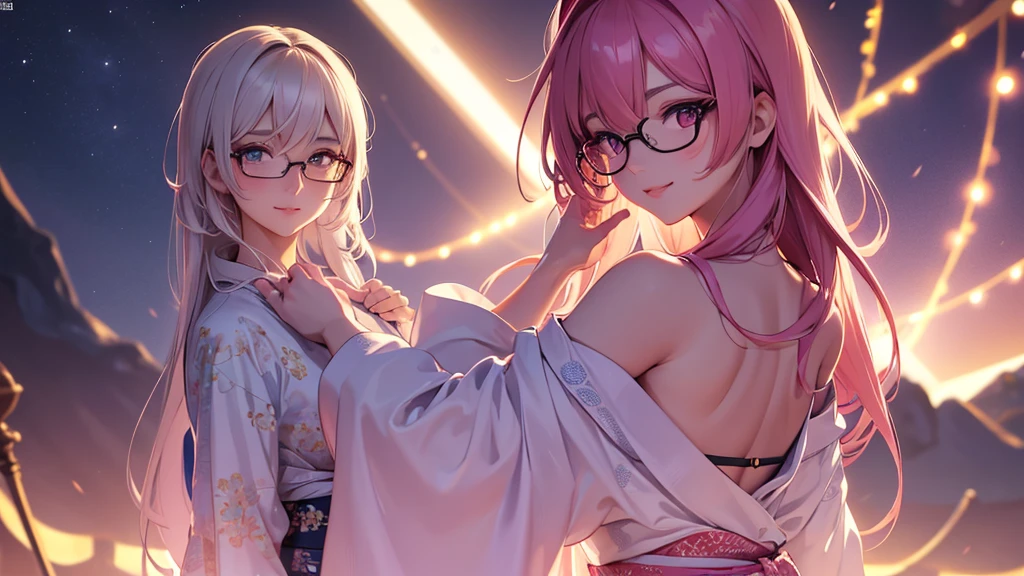 1 girl, full body stand, glasses, ideal breasts, unbuttoned sexy yukata, loose hair, smile, put his face closer to you, face blush, night light, detailed anime face, beautiful eyes, detailed hand, long eyelashes, detailed lips, detailed skin, intricate details, elegant, beautiful lighting, cooled colors, cinematic, soft focus, masterpiece, 8k, ultra-detailed, (best quality, 4k, 8k, highres, masterpiece:1.2), ultra-detailed