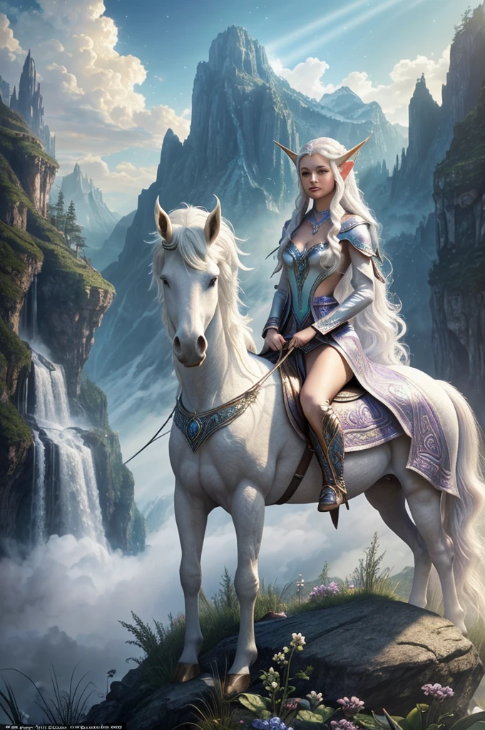 Epic cinematic brilliant stunning intricately detailed dramatic atmospheric maximalist digital matte painting Stunning professional masterpiece of a beautiful young elf with pointed ears named Arwen with long straight white hair, piercing crystal blue eyes, the elf stands next to her bright white unicorn white steed with a horn on its forehead), its fur shines like small specks of glitter due to the sunlight that falls on the figure of the elf and the unicorn. Lamluz is soft and warm. As a backdrop there is a mystical landscape that surrounds the image creating a magical atmosphere. ethereal fantasy hyperdetailed mist Thomas Kinkade 8k resolution holographic astral cosmic illustration mixed media by Pablo Amaringo heavenly sunshine beams divine bright soft focus holy in the clouds