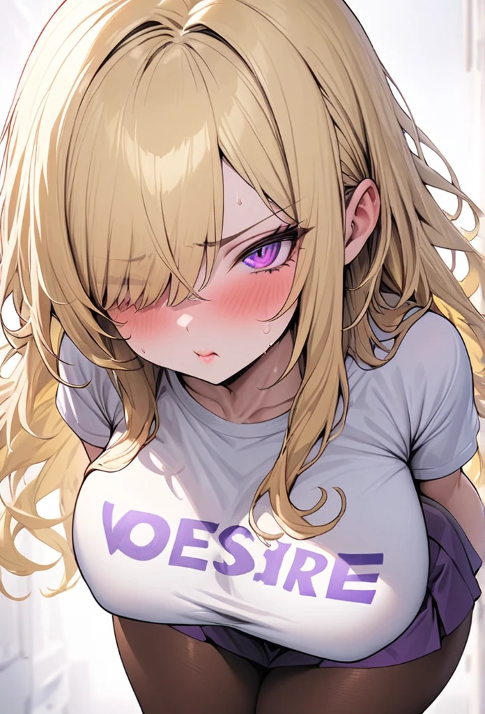 ((Best Quality)), ((Masterpiece)), (detailed), 1 girl, Pastel yellow hair, long hair, hair covers one eye, purple eyes, tight, big breasts, big thighs, white vote t-shirt, purple skirt, brown pantyhose, pouting, serrated fists, desire to cry