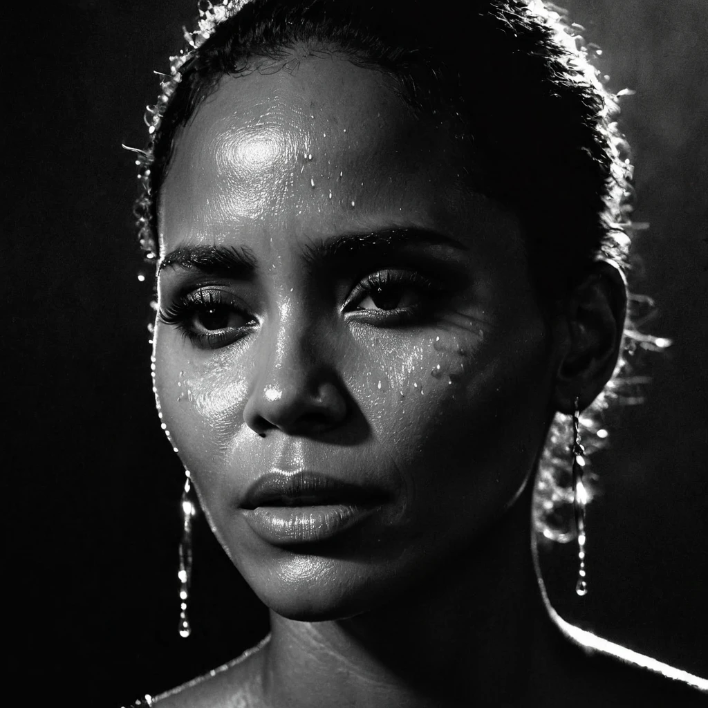 a beautiful black girl with crying a water teardrop running down her face and a black background, light falling on face, noir photorealism, mysterious portrait of a woman, chiaroscuro portrait, grainy black and white photo. close up on side profile, halle berry, zoe kravitz