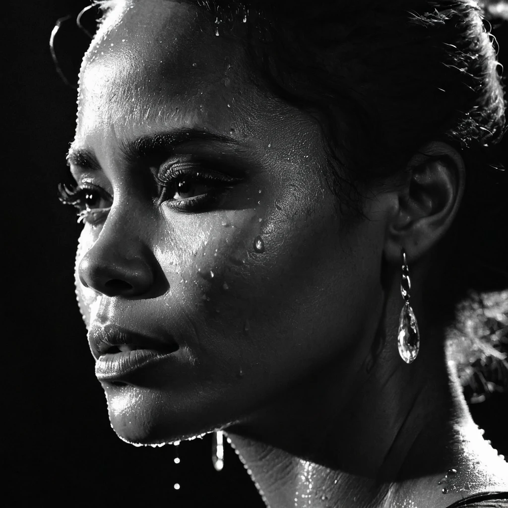 a beautiful black girl with crying a water teardrop running down her face and a black background, light falling on face, noir photorealism, mysterious portrait of a woman, chiaroscuro portrait, grainy black and white photo. close up on side profile, halle berry, zoe kravitz