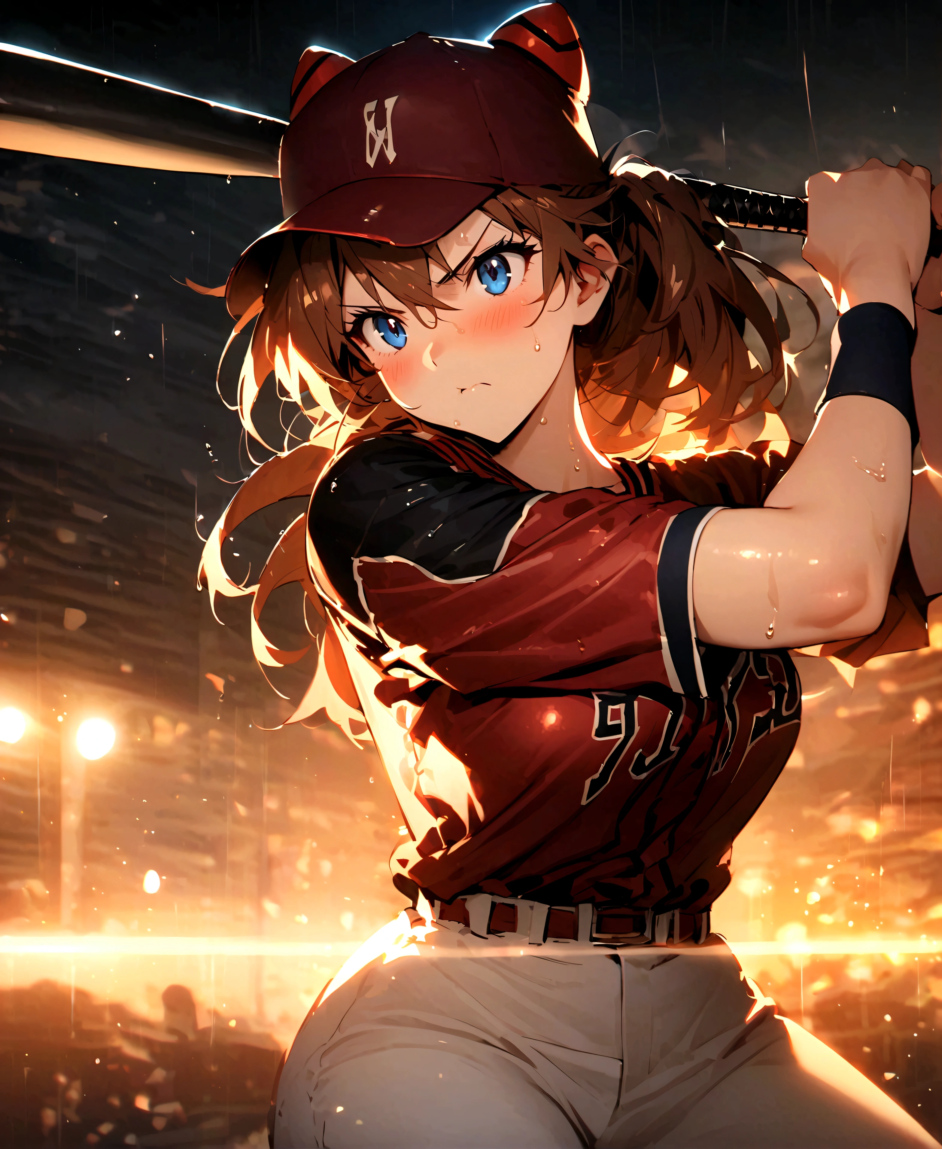 Masterpiece++, Best quality++, Ultra-definition++, Ultra-definition++, 4k++, 8k++, (background focus)++, very detailed, ((ballpark))++, (1 person), ((( Evangelion Soryu Asuka Langley)) +++, ((player with a baseball bat)), ((((batting form))))++++, (((baseball uniform))) +++ , ((baseball bat))++, (baseball bat)+, ((mature woman with baseball bat))++, (baseball cap), (baseball glove), leaning, blush, (wristband ), (brown hair), (super shiny hair and skin), (sunlight), ((beautiful)), cleavage, vibrant, serious expression, perfect eyes, perfect hands, perfect Nose, Evangelion Asuka Langley Soryu, bright atmosphere, (wet effect)+, (light effect), (cinematic light)+, (light cinematic)+