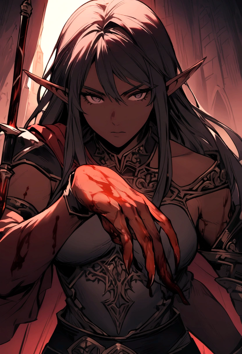 "high resolution, image of a dead elf lying on the ground of a battlefield. The elf has long, dark hair, tangled and dirty with blood and dirt. Your eyes are open, looking up at the sky with a blank and sad expression. Pale skin contrasts with his finely crafted armor., that is broken and covered in blood. A broken sword is embedded in his abdomen, the cause of his death evident. Around her, pieces of arrows, a fallen dagger, and bloodstains scattered. The ground is a mixture of dirt and grass, with battle marks all over. Ao fundo, shadows of destroyed trees and a dense fog that covers the battlefield."