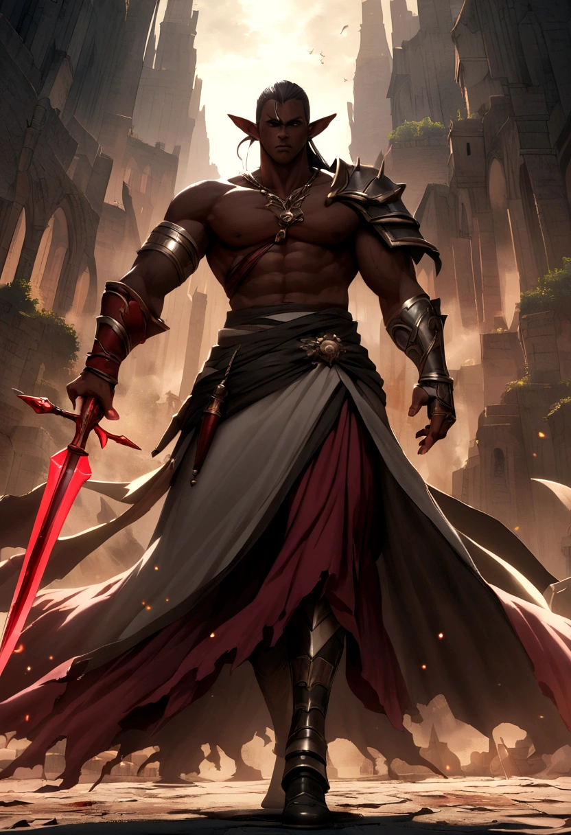 create an impaler half-elf that remembers having blood magic with dark skin color MAN with a spear in his hand