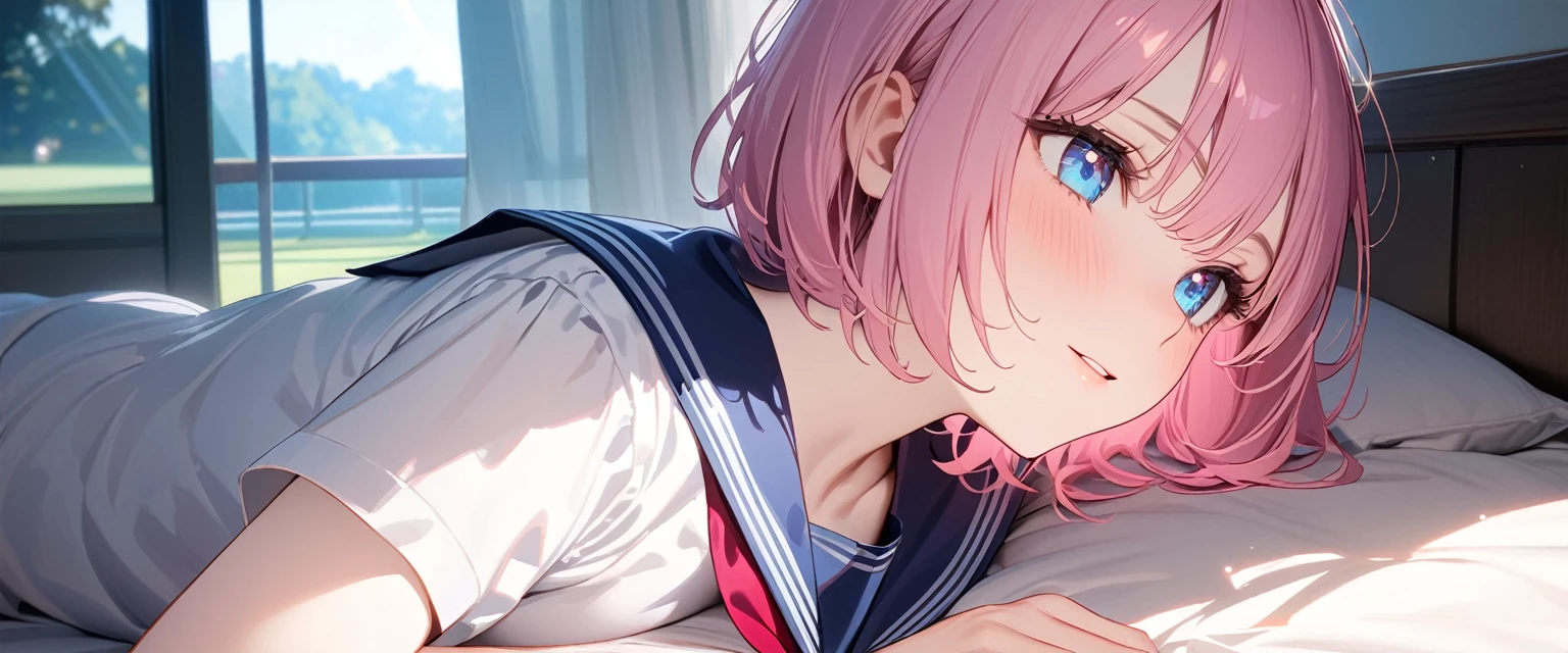 (Fit Body:1.1),(glistening skin:1.1),(pale skin:1.1),(Best Picture Quality, 8K, Masterpiece:1.3),(high school student:1.5), (pink medium hair), (bob cut), (slant skyblue eyes), park lawn Setting, Professional Lighting, Very Detailed Skin And Hair, Lying In Bed, (serafuku:1.3), beguiling expression, (super clear:1.5),light pigmented