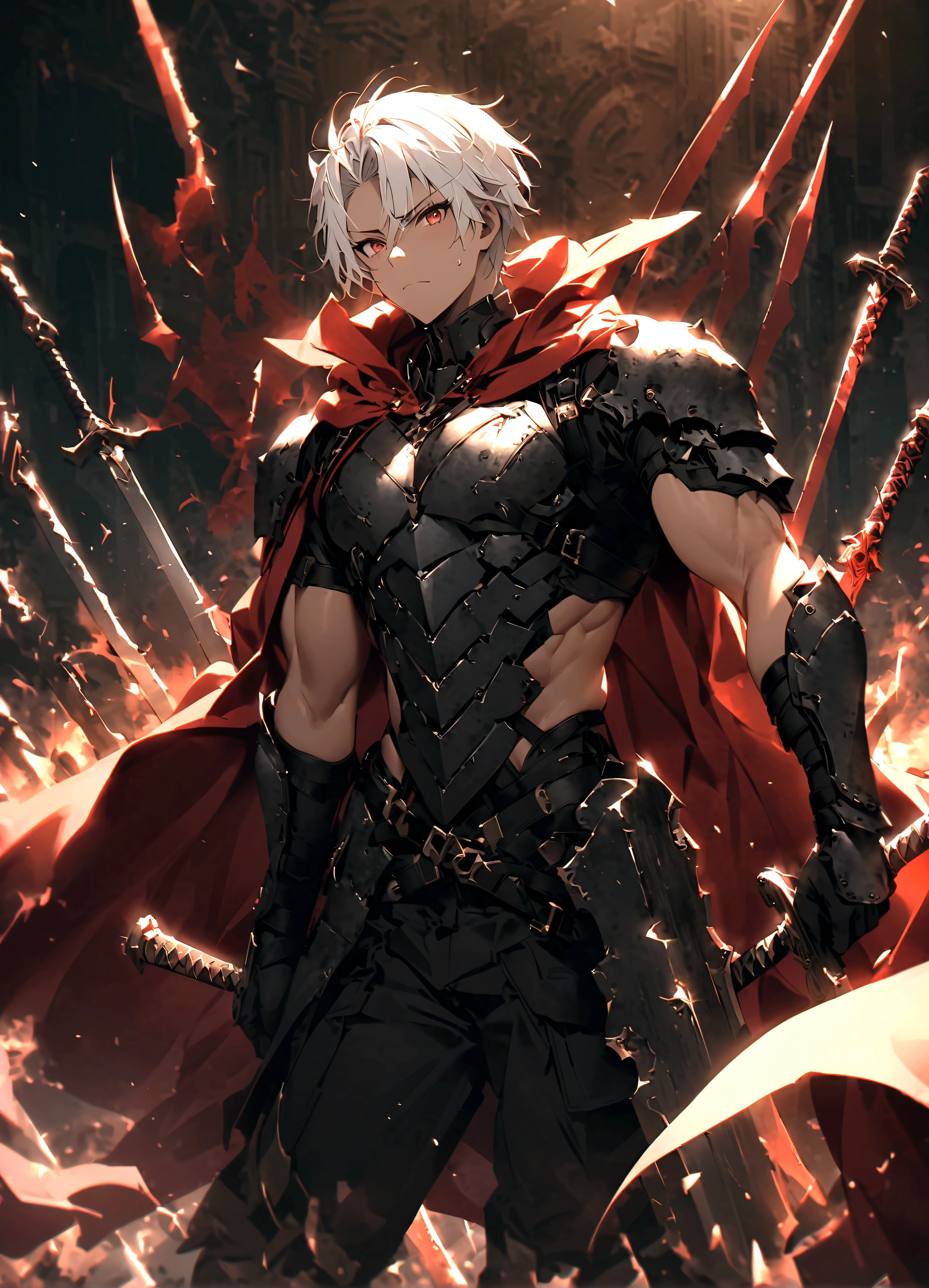 top-quality、Masterpiece、detaileds、Fate/Stay naight、Shiro Emiya、A pair of male and female swords　Ganshou/Moya、Brown skin、silber hair、Shorthair、well-muscled、Muscle、red cloak、Made of Infinite Swords、The body is made of swords。Blood is iron、heart is glass。Undefeated through countless battles。Not even a single defeat、No just one victory。The bearer is here alone、Forging Iron on the Hill of Swords。If so、My life doesn&#39;t need meaning、This body was made of infinite swords.。I am the bone of my sword.Steel is my body, and fire is my blood.I have created over a thousand blades.Unaware of loss.Nor aware of gain.Withstood pain to create weapons,waiting for one's arrival.I have no regrets.This is the only path.My whole life was"unlimited blade works"