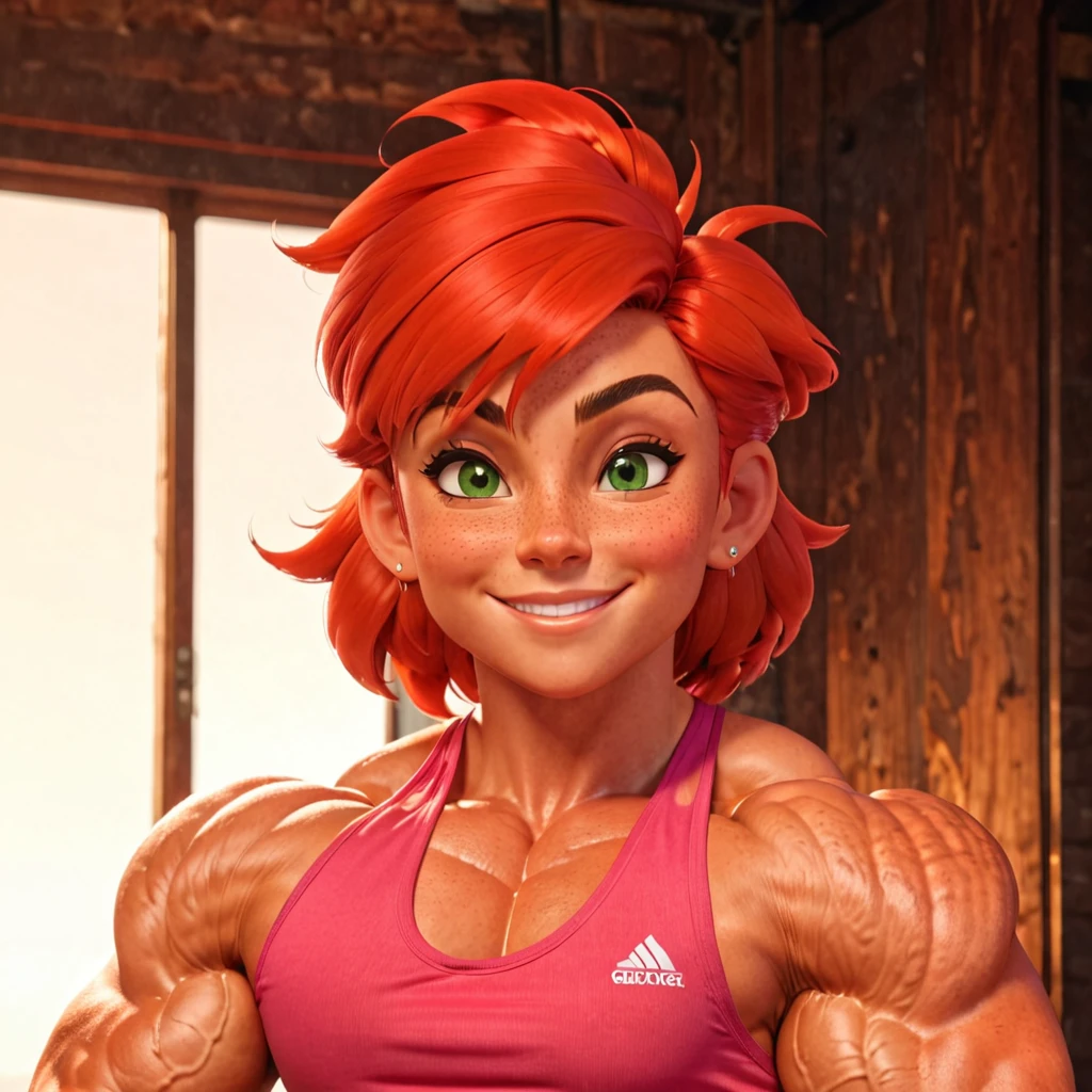 (masterpiece:1.2), (best quality), (ultra detailed), (8k, 4k, intricate),(full-body-shot:1), (highly detailed:1.2),(detailed face:1.2), (detailed background), muscle woman, big muscles, huge muscles, massive muscles, muscle girl, bronze skin, Her facial features are a mix of determination and kindness, with expressive eyes that radiate a sense of adventuremuscle woman with red hair wearing pink tank top, most muscular pose, woman with huge muscles, green eyes, smile