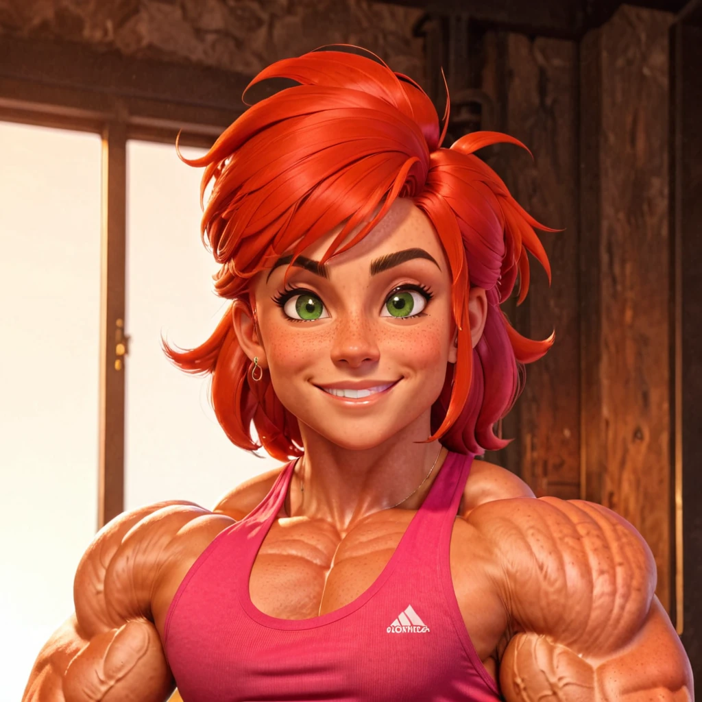 (Muscular:2), (skinny thighs:2.3), (ginger female, red hair:2), earrings, eyeshadow, lipstick, bokeh, (wide upper body:1.5), (upper body view), (muscular striations), (hard nipples:1.2), (latex choker, thong:2), (eight pack abs:1), (sculpted muscles:1.7), (muscular body:2), (looking at viewer), (big smile:1.6), detailed eyes, dark bedroom, (dawn lighting), rim lighting, two tone lighting, dimly lit, clean skin, low key (DETAILED SKIN), (small ass), underboob