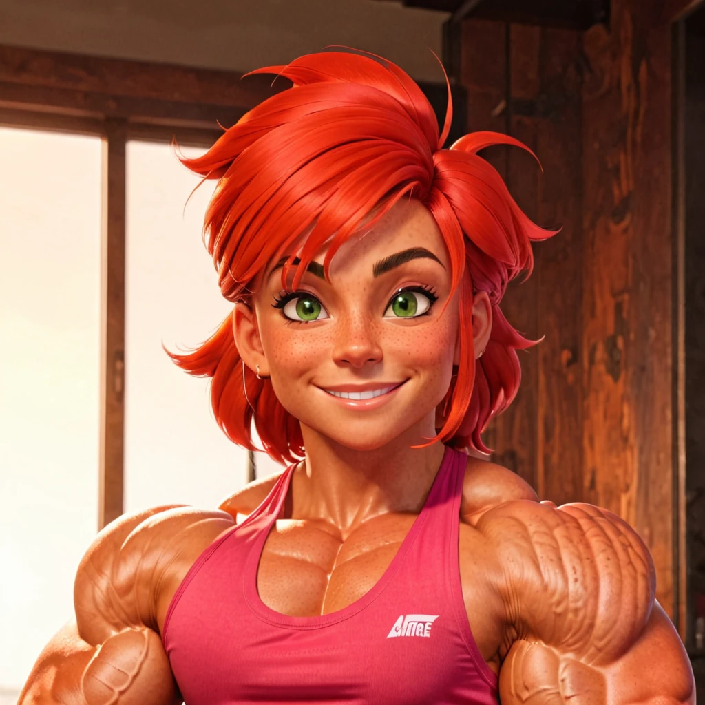 (masterpiece:1.2), (best quality), (ultra detailed), (8k, 4k, intricate),(full-body-shot:1), (highly detailed:1.2),(detailed face:1.2), (detailed background), muscle woman, big muscles, huge muscles, massive muscles, muscle girl, bronze skin, Her facial features are a mix of determination and kindness, with expressive eyes that radiate a sense of adventuremuscle woman with red hair wearing pink tank top, most muscular pose, woman with huge muscles, green eyes, smile