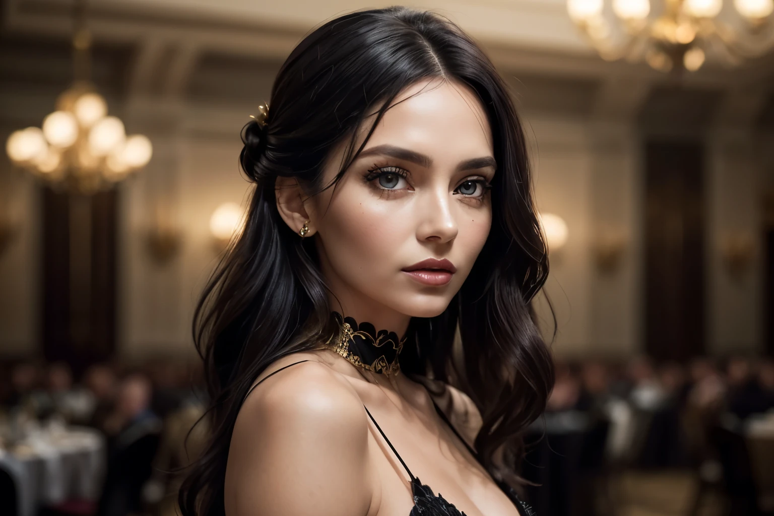 35mm film, updo, makeup, ((hazel eyes)), , (black dress), princess dress, jewelry, gold, looking at viewer, epiCPhoto, focus on face, close to viewer, intricate lines, ballroom, sharp magnificent details, delicate features, elaborate details, black hair, (((long hair))) (((mature woman))) (((fourty years old woman))) tanned skin