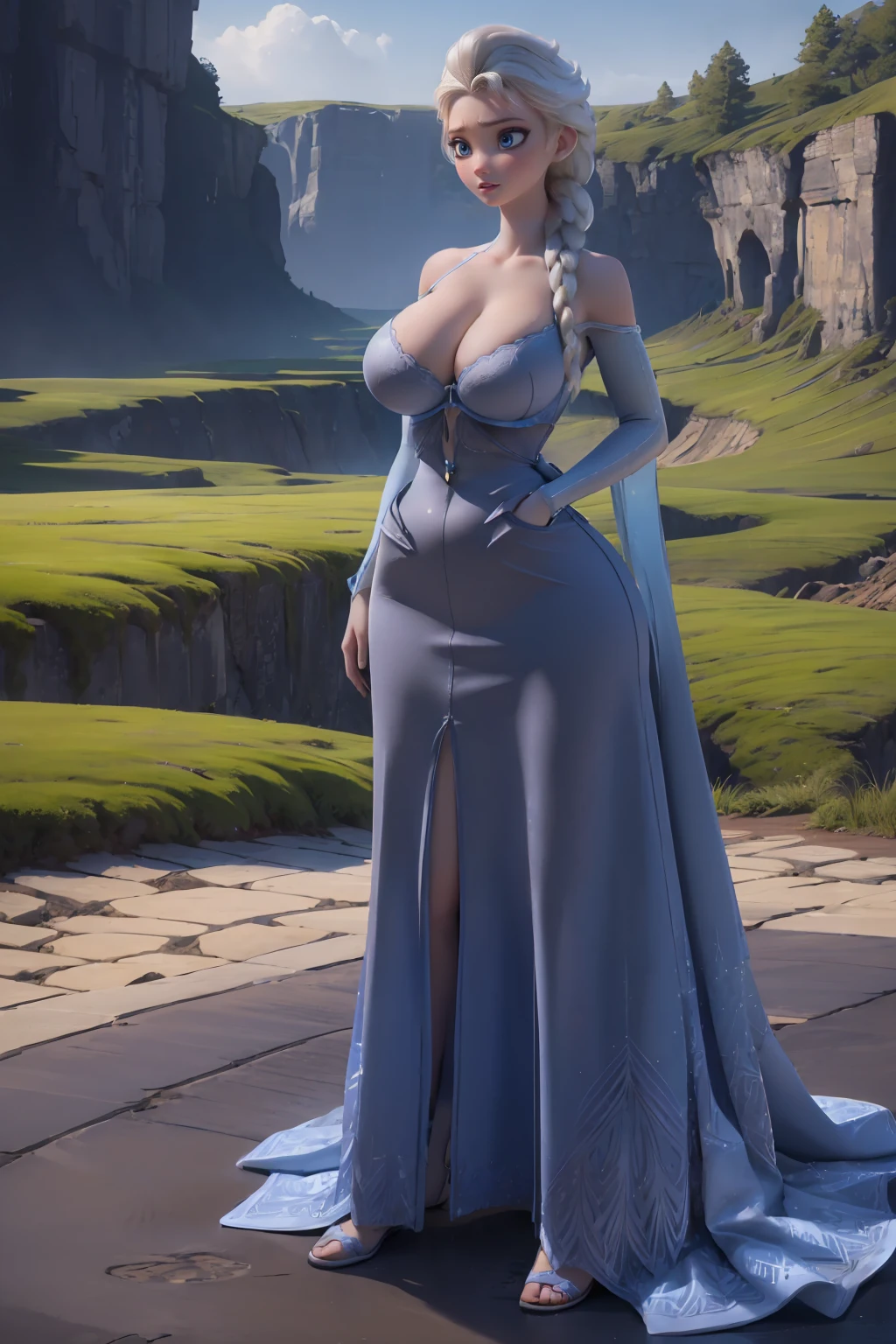 Elsa ,Frozen,blue eyes,white heir,(masterpiece:1.2), (best quality), (ultra detailed), (((full body))) , (8k, 4k, intricate),(cowboy:1.2),(highly detailed:1.2),(detailed face:1.2), (detailed background),(portrait),detailed landscape,(dynamic pose:1.2),hana 1girl, solo, breasts, short hair, holding,cleavage, bare shoulders, collarbone, full body, outdoors, sky, day, cloud, bagblue dress, handbag, (((full body))) , (((sexy pose, model pose, standing pose)))((Huge hips:1.5)) (Gigantic Sagging Breasts:1.5)((undersized bra:1.3) 