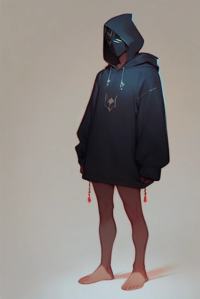 humanoid, featureless black mask, black robes, hood pulled up, hooded, solo, portrait, fantasy, unarmed, full body, very tall, male, androgynous, character focus, fully clothed