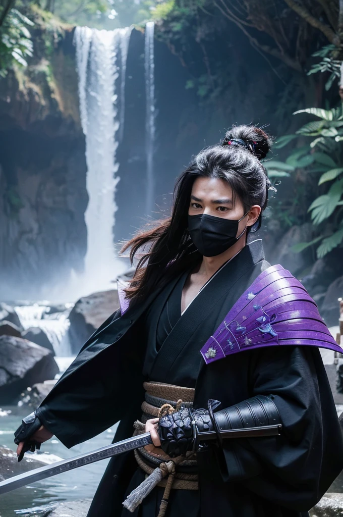 create a masked samurai, full of sword cuts, in a waterfall environment, black clothes, Crystalline waters, thick ultra realist, with a mystical power all around purple