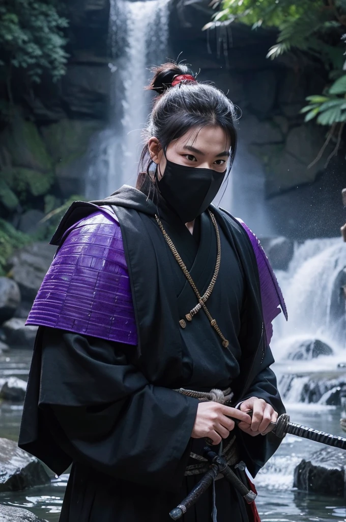 create a masked samurai, full of sword cuts, in a waterfall environment, black clothes, Crystalline waters, thick ultra realist, with a mystical power all around purple