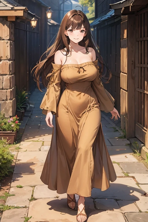 A straight haired brunette adult female standing on the ground, wearing loose brown dress with cuffed sleeves, low neckline, medieval, brown hair, large long shaped tits, silly personalty, cute happy demeanor, sunny disposition, deredere,