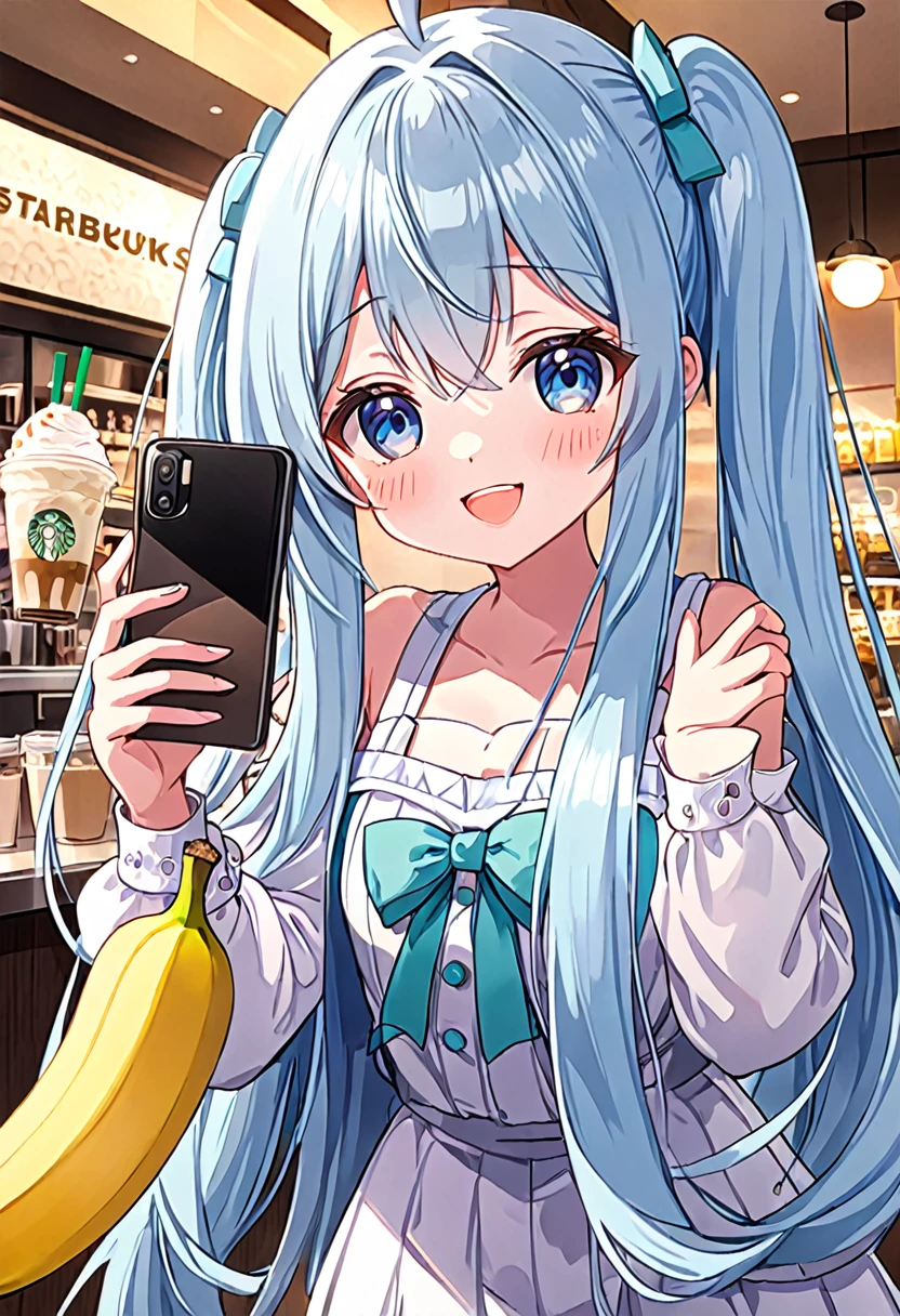Anime Girls, A lively Starbucks interior、Beautiful girl taking a selfie with a smartphone、Light blue long hair、Twin-tailed anime chibi character、A cute anime chibi character with a bright smile, Taking a selfie with your smartphone、(Anime Girls), Cute girl anime visuals, young Anime Girls, Beautiful anime art style, Anime illustration, beautiful Anime Girls, Drinking a banana frappe