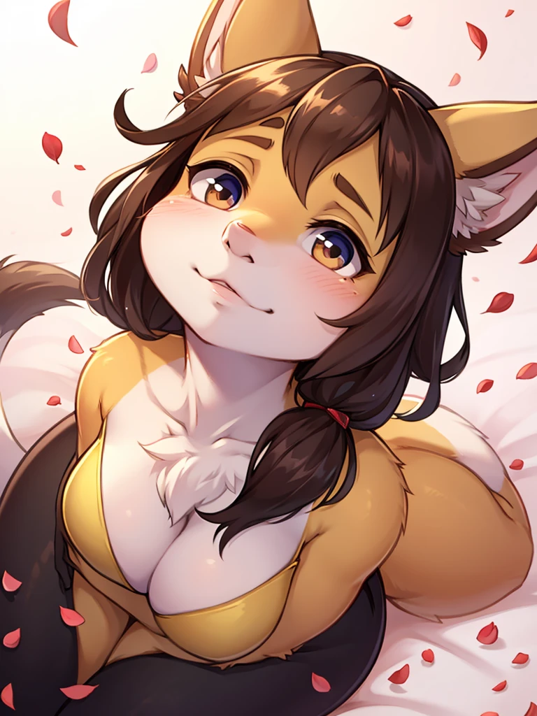 curvy woman , Looking up, petals fluttering