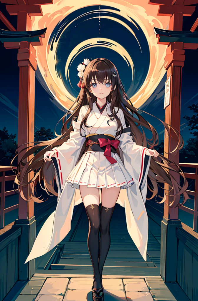 1girl,  solo, outdoors, long hair, holy place, Original,(Illustration:1.1),(Best Quality),(masutepiece:1.1),(the Extremely Detailed CG Unity 8K Wallpapers:1.1), (Colorful:0.9),(mid-shot:0.95),(extremely detailed beautiful face),(Solo:1.2), (girl),(((Lori))), (Detailed beautiful eyes:1.15), (Beautiful face:1.15), (Glowing blue eyes:1.25////),(((Brown Long Hair))),(two side up),(+perfect hand+:1.21),(Draw illustration of Japan priestess costume),(slender),(White pleated skirt),(Gothic),((black thighhighs)),(frilld),(Beautiful Slender Lolita Girl),standing, girl,10 years old,  girl,foggy place,((loli girl)),((japanese temple)),