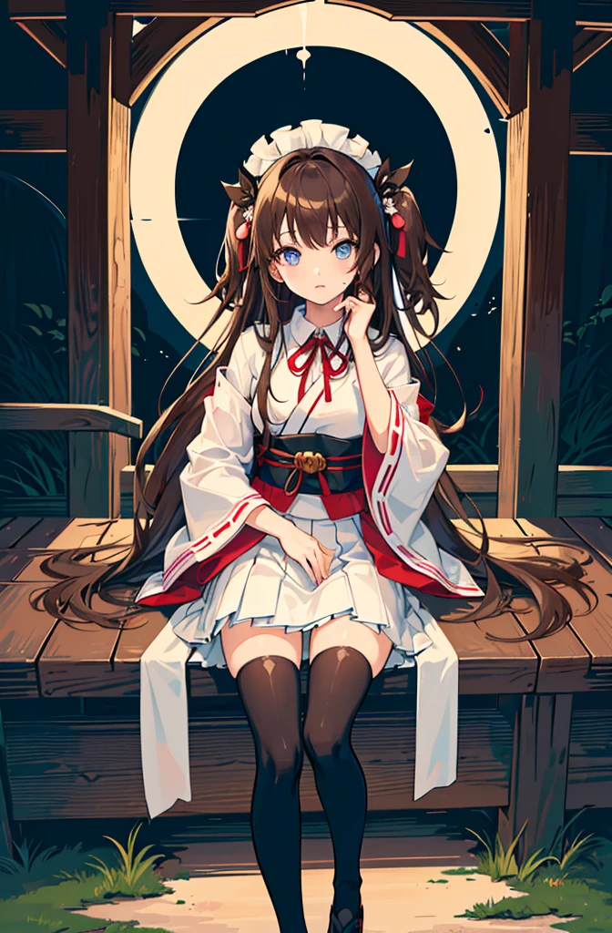 1girl, solo, outdoors, long hair, holy place, Original,(Illustration:1.1),(Best Quality),(masutepiece:1.1),(the Extremely Detailed CG Unity 8K Wallpapers:1.1), (Colorful:0.9),(mid-shot:0.95),(extremely detailed beautiful face),(Solo:1.2), (girl),(((Lori))), (Detailed beautiful eyes:1.15), (Beautiful face:1.15), (Glowing blue eyes:1.25////),(((Brown Long Hair))),(two side up),(+perfect hand+:1.21),(Draw illustration of Japan priestess costume),(slender),(White pleated skirt),(Gothic),((black thighhighs)),(frilld),(Beautiful Slender Lolita Girl),standing, girl,10 years old, girl,foggy place,((loli girl)),((japanese temple)),