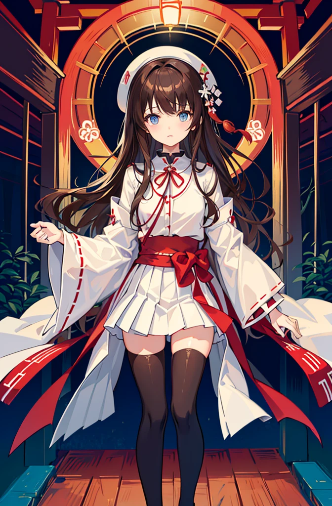 1girl, solo, outdoors, long hair, holy place, Original,(Illustration:1.1),(Best Quality),(masutepiece:1.1),(the Extremely Detailed CG Unity 8K Wallpapers:1.1), (Colorful:0.9),(mid-shot:0.95),(extremely detailed beautiful face),(Solo:1.2), (girl),(((Lori))), (Detailed beautiful eyes:1.15), (Beautiful face:1.15), (Glowing blue eyes:1.25////),(((Brown Long Hair))),(two side up),(+perfect hand+:1.21),(Draw illustration of Japan priestess costume),(slender),(White pleated skirt),(Gothic),((black thighhighs)),(frilld),(Beautiful Slender Lolita Girl),standing, girl,, girl,foggy place,((loli girl)),((japanese temple)),