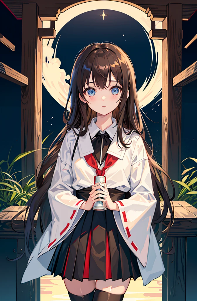 1girl, solo, outdoors, long hair, holy place, Original,(Illustration:1.1),(Best Quality),(masutepiece:1.1),(the Extremely Detailed CG Unity 8K Wallpapers:1.1), (Colorful:0.9),(mid-shot:0.95),(extremely detailed beautiful face),(Solo:1.2), (girl),(((Lori))), (Detailed beautiful eyes:1.15), (Beautiful face:1.15), (Glowing blue eyes:1.25////),(((Brown Long Hair))),(two side up),(+perfect hand+:1.21),(Draw illustration of Japan priestess costume),(slender),(White pleated skirt),(Gothic),((black thighhighs)),(frilld),(Beautiful Slender Lolita Girl),standing, girl,10 years old, girl,foggy place,((loli girl)),((japanese temple)),