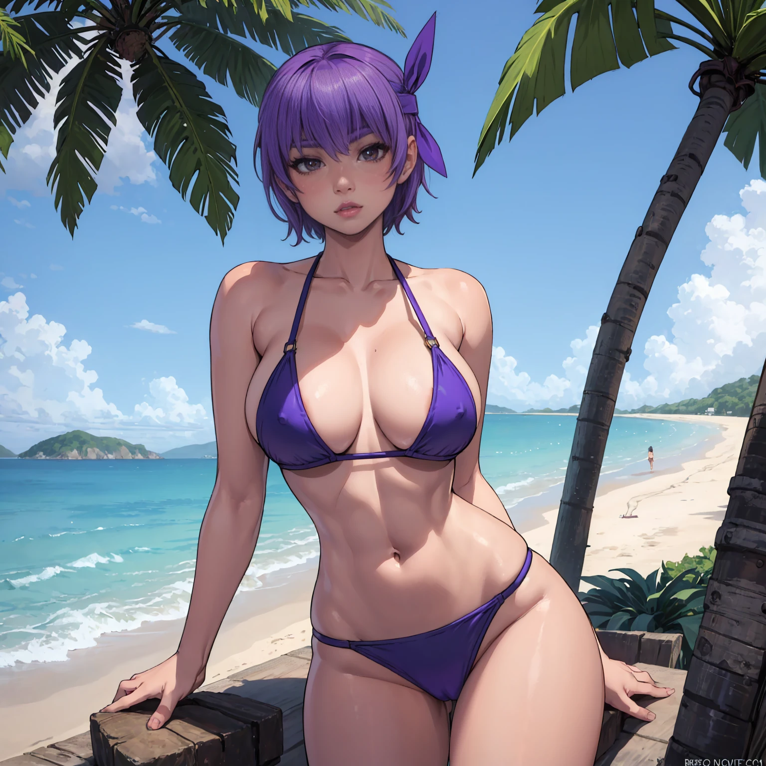 uploaded on e621, explicit content, 3d, (bastika, cutesexyrobutts, hioshiru), female, solo, ayane,  headband, beach setting, volley, (violet bikini:1.2), large breasts, natural breasts, milf, standing, three quarters portrait, closeup,