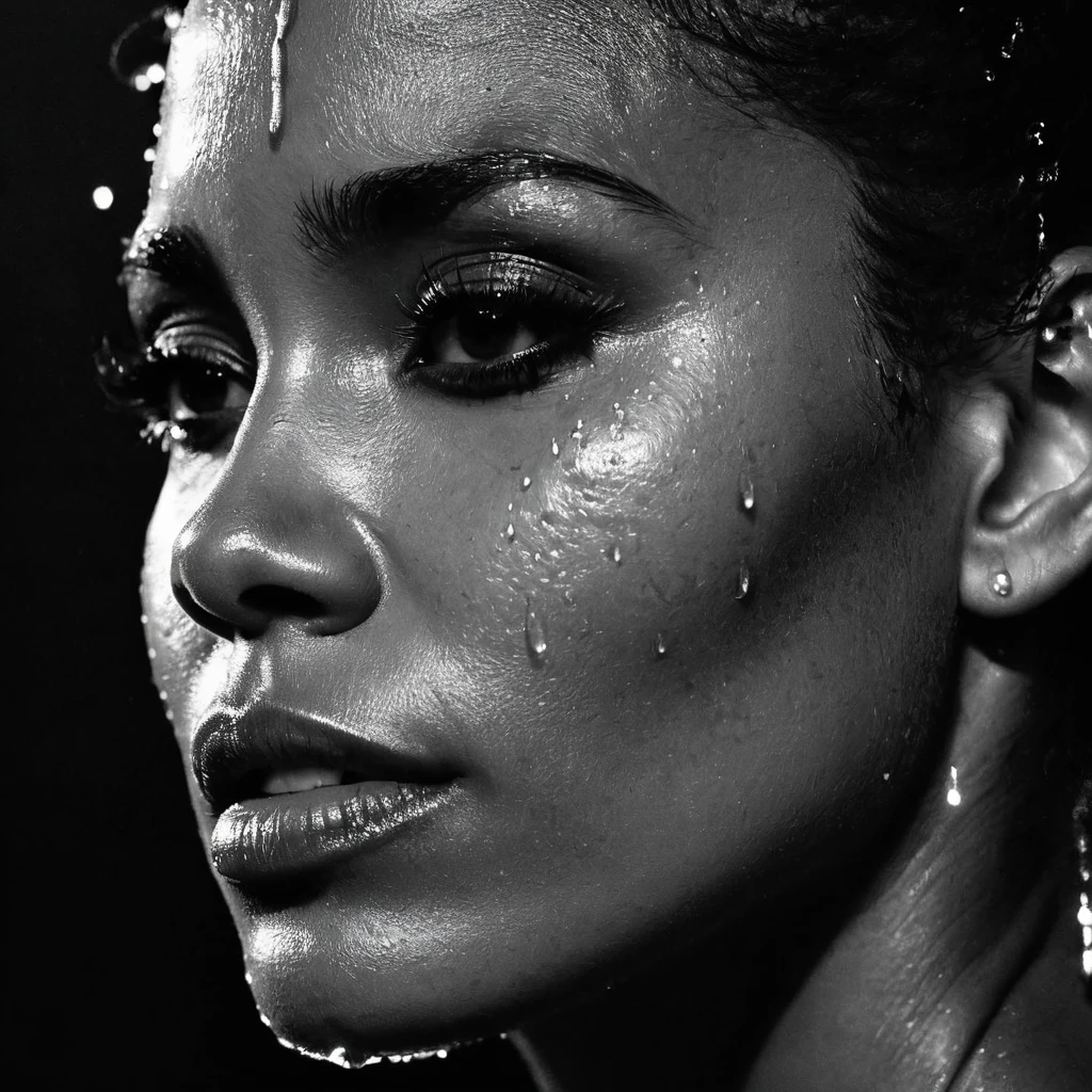 a beautiful black girl with crying a water teardrop running down her face and a black background, light falling on face, noir photorealism, mysterious portrait of a woman, chiaroscuro portrait, grainy black and white photo. close up on side profile, halle berry, zoe kravitz
