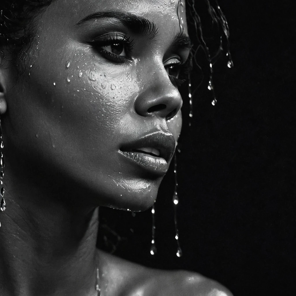 a beautiful black girl with crying a water teardrop running down her face and a black background, light falling on face, noir photorealism, mysterious portrait of a woman, chiaroscuro portrait, grainy black and white photo. close up on side profile, halle berry, zoe kravitz