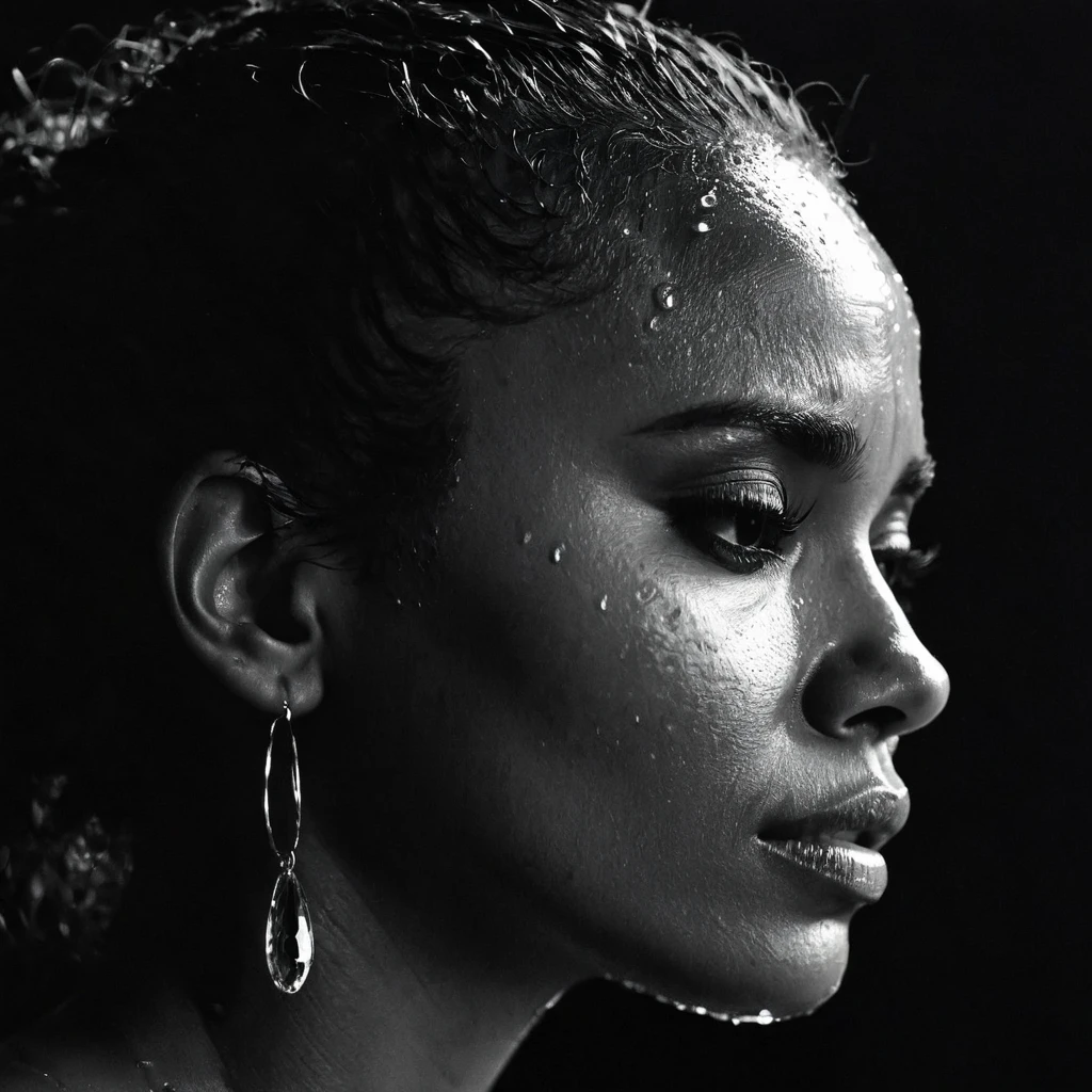 a beautiful black girl with crying a water teardrop running down her face and a black background, light falling on face, noir photorealism, mysterious portrait of a woman, chiaroscuro portrait, grainy black and white photo. close up on side profile, halle berry, zoe kravitz