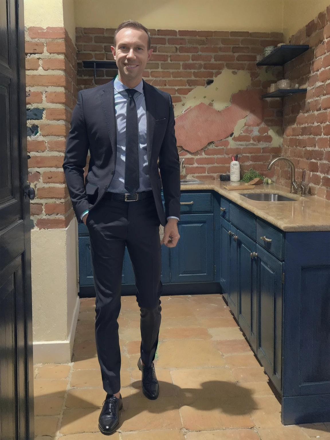 (highres,masterpiece:1.2), ultra-detailed, realistic:1.37, HDR, man ,solo, Todder8 Todder1 in luxury kitchen wearing suit (stylish leather shoes), painted brick walls, black tile floor ,vibrant colors,soft light,cool blue tones