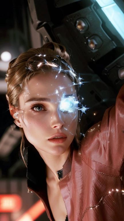there is a woman holding a large object in her hand, Movie still of a cyborg., Movie still of a cyborg genial., crystal cyborg, Natalie Portman and Star Trek, beautiful white cyborg girl, movie still of a cyborg villain, cyborg movie frame, perfect cyborg woman, Movie still of a cyborg alienígena., cyborg woman, science fiction attractive face