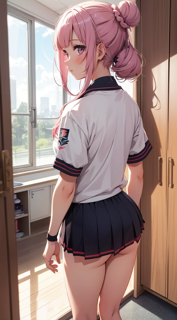 1girl, solo, masterpiece, best quality, high res, highly detailed, (illustration), beautiful detailed eyes, yuigahama yui, single hair bun, glossy lips, light makeup, standing, sport uniform, locker room, sneakers, (view from behind)