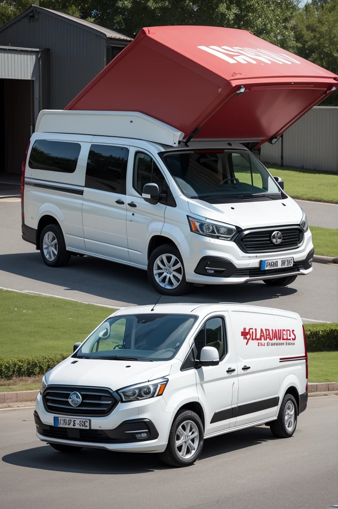 Create a caricature of a red, black and white van on its side with GL transportes written on it