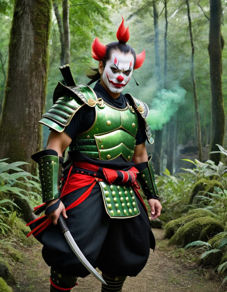 A samurai clown with demonic makeup, green spectral smoke rising from his face, and traditional Japanese armor. The background is a dark, mystical forest.