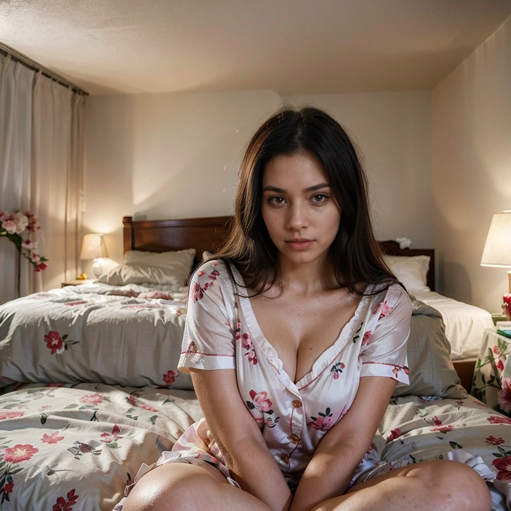 A beautiful woman, cute dark brown eyes, smooth white skin, beautiful silky black hair, beautiful colors, smooth drawing, clear picture, no blur, realistic drawing, realistic lighting, no distortion, complete realistic, realistic skin, in bedroom, in front of bed, sexy pajama set, floral pajama set, floral pajama clothing, adorable lighting, gorgeous lighting, colorful floral aesthetic