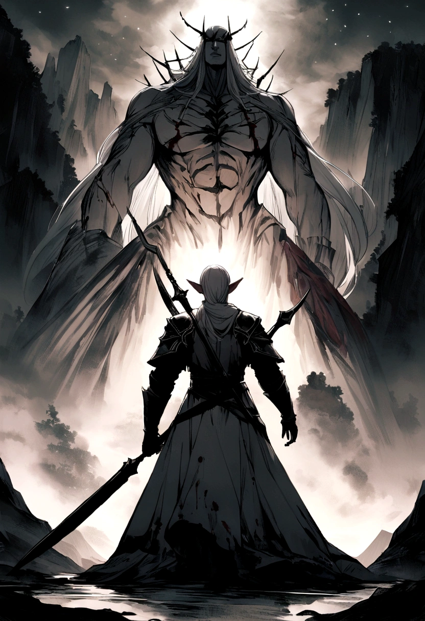 create an impaler half-elf that remembers having blood magic MAN with a spear in his handwith white hair