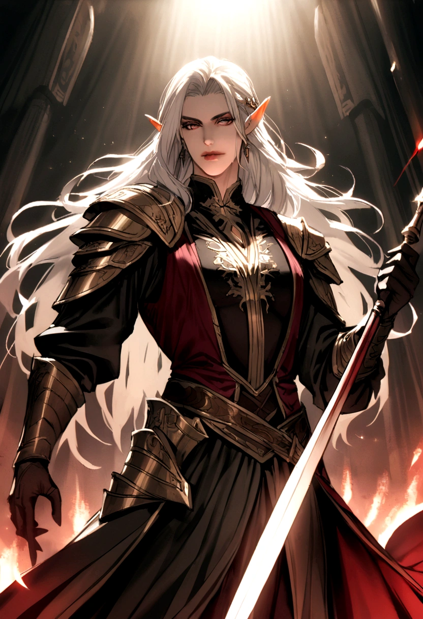 create an impaler half-elf that remembers having blood magic MAN with a spear in his handwith white hair