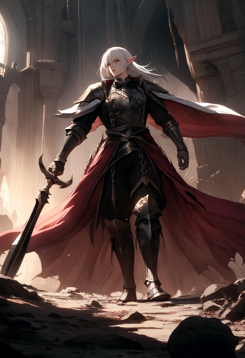 create an impaler half-elf that remembers having blood magic MAN with a spear in his handwith white hair